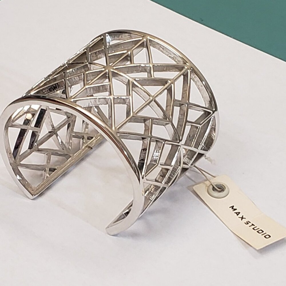 Max Studio, NWT, thick, heavy, silver tone, aztec style, filagree, cuff bangle